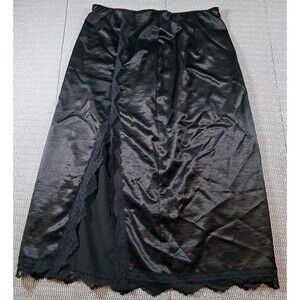 Black Women’s Satin Midi Slip/Skirt With Slit And Lace Trim 31" Waist 31"Long